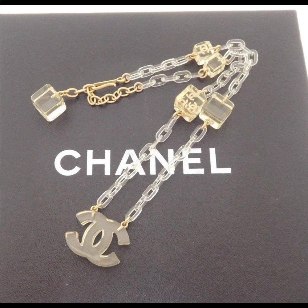 Authentic CHANEL CC Logo Cube Necklace Choker Plastic Clear 01P France Accessory